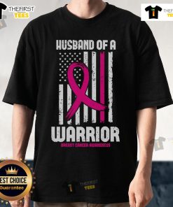 Alt Text: Pretty Husband of a Warrior T-shirt featuring American flag design for Breast Cancer Awareness month.