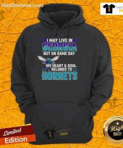 Fan wearing 'Pretty I May Live In Georgia But My Heart Belongs To The Charlotte Hornets' hoodie at a game.