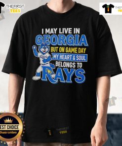 Alt Text: Pretty t-shirt saying 'I May Live In Georgia But On Game Day My Heart Belongs To The Tampa Bay Rays' in vibrant colors.
