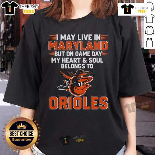 Pretty I May Live In Maryland but My Heart Belongs to the Baltimore Orioles Ladies Tee, showcasing team spirit and style.