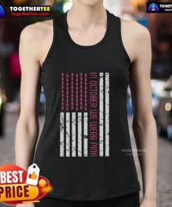 Pretty in October: Women wearing pink America flag tank tops for Breast Cancer Awareness Month.