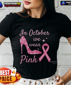 Pretty in October: Women in pink high heel ribbon tees, embracing fall fashion with style and elegance.