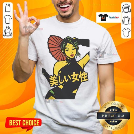 Pretty Japanese urban street girl wearing trendy T-shirt in vibrant city setting, showcasing unique fashion style.