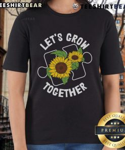 Pretty Let's Grow Together Sunflower Puzzle Piece Autism Awareness Ladies Tee featuring vibrant sunflower and puzzle design.