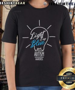 Pretty Light It Up Blue Autism Awareness lightbulb graphic on a stylish ladies tee, promoting autism awareness and support.