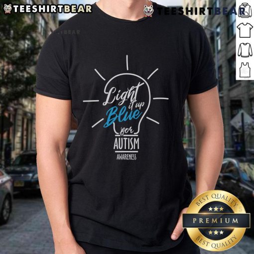 Pretty Light It Up Blue Autism Awareness Lightbulb T-Shirt featuring a vibrant blue lightbulb design for autism support.