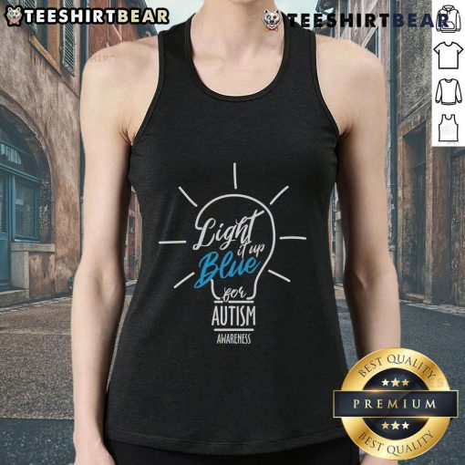 Blue Autism Awareness lightbulb tank top showcasing support for autism with a vibrant design.