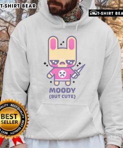 Pretty moody but cute kawaii bunny wearing a tiny knife hoodie, showcasing adorable and whimsical character design.