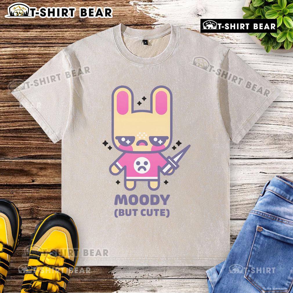 Pretty Moody But Cute Kawaii Bunny With Tiny Knife Washed T Shirt Alt Text: Cute kawaii bunny with a tiny knife on a moody washed t-shirt, perfect for adding charm to casual outfits.