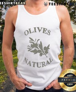 Model wearing a 'Pretty Museum of Peace and Quiet' olive tank top, showcasing stylish design and serene aesthetic.
