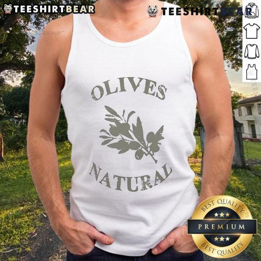 Model wearing a 'Pretty Museum of Peace and Quiet' olive tank top, showcasing stylish design and serene aesthetic.