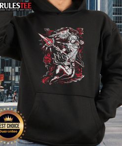 Pretty over-the-shoulder view of an angel warrior in a SGDQ 2025 hoodie, showcasing vibrant colors and intricate design.
