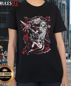 Pretty over-the-shoulder angel warrior design on SGDQ 2025 ladies tee, perfect for gaming events and casual wear.