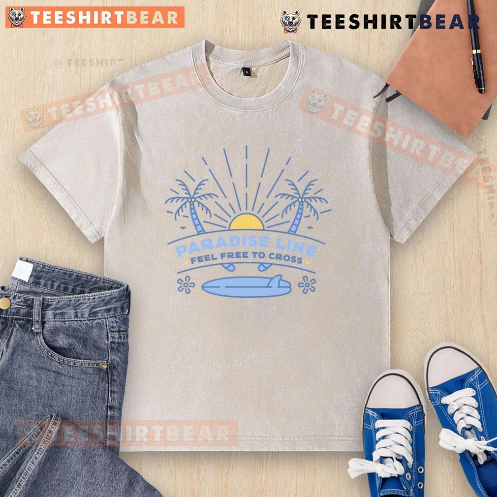 Pretty Paradise Line Feel Free To Cross Washed T Shirt Pretty Paradise Line Feel Free To Cross washed t-shirt in vibrant colors displayed on a rustic wooden background.