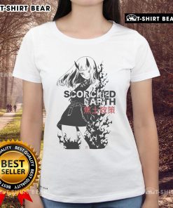 Pretty scorched earth anime ladies tee featuring vibrant artwork of dynamic female characters in a fiery landscape.