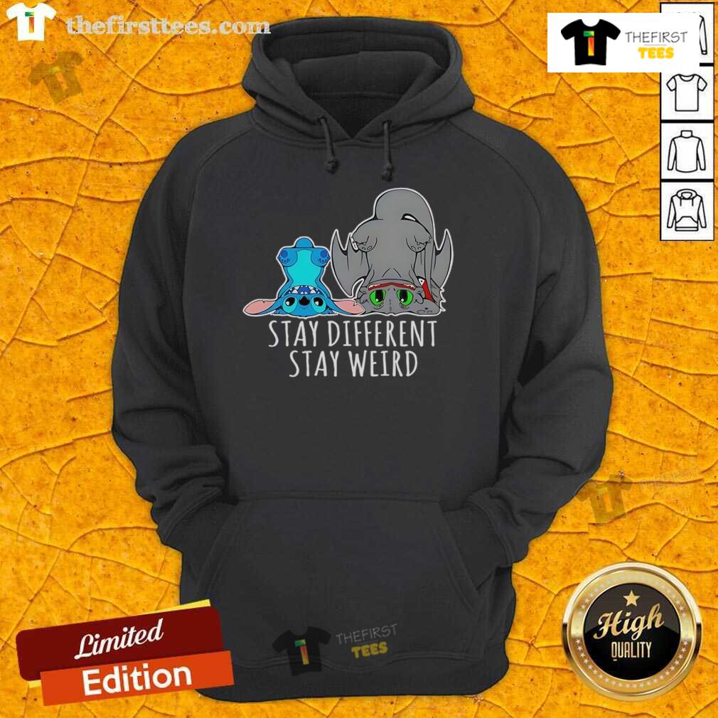 Pretty Toothless And Stitch Stay Different Funny Cartoon Hoodie Alt Text: Cartoon hoodie featuring Pretty Toothless and Stitch with a funny design, showcasing a unique and stylish look.