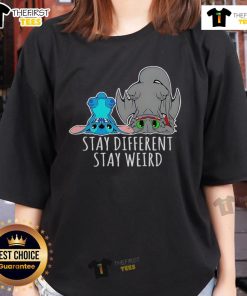 Funny cartoon ladies tee featuring 'Pretty Toothless and Stitch Stay Different' design, perfect for unique fashion lovers.