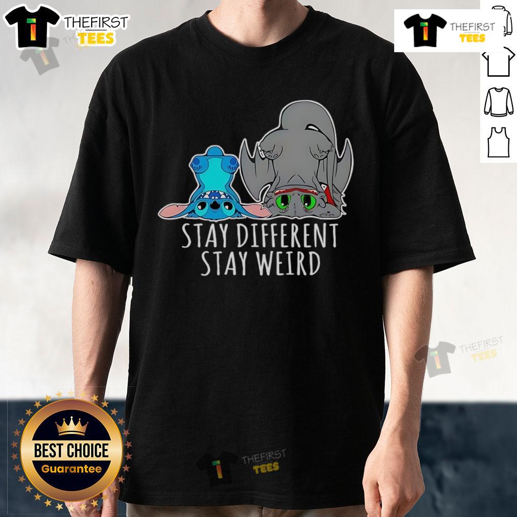 Pretty Toothless And Stitch Stay Different Funny Cartoon T Shirt Funny cartoon T-shirt featuring Pretty Toothless and Stitch, showcasing a unique design for fans of both characters.