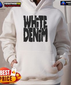 Pretty white denim logo hoodie displayed on a hanger, showcasing its stylish design and comfortable fit for casual wear.