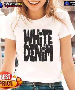 Pretty white denim logo ladies tee featuring a stylish design, perfect for casual wear and fashion enthusiasts.