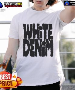 Alt Text: Pretty white denim logo t-shirt featuring a stylish design, perfect for casual outfits and fashion lovers.
