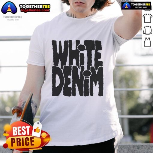 Alt Text: Pretty white denim logo t-shirt featuring a stylish design, perfect for casual outfits and fashion lovers.