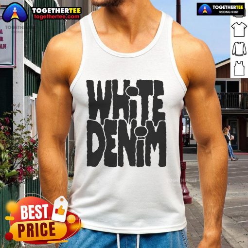 Pretty white denim logo tank top featuring a stylish design, perfect for casual summer outfits.