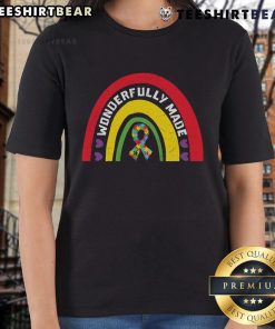 Pretty Wonderfully Made Puzzle Ribbon Rainbow Ladies Tee featuring vibrant colors and a unique puzzle design.