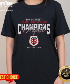 Stade Toulousain women's tee celebrating their triple championship victory in rugby, featuring vibrant team colors and logo.