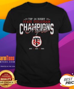 Top 14 Rugby Stade Toulousain Triple Champions T-Shirt featuring vibrant team colors and bold championship graphics.