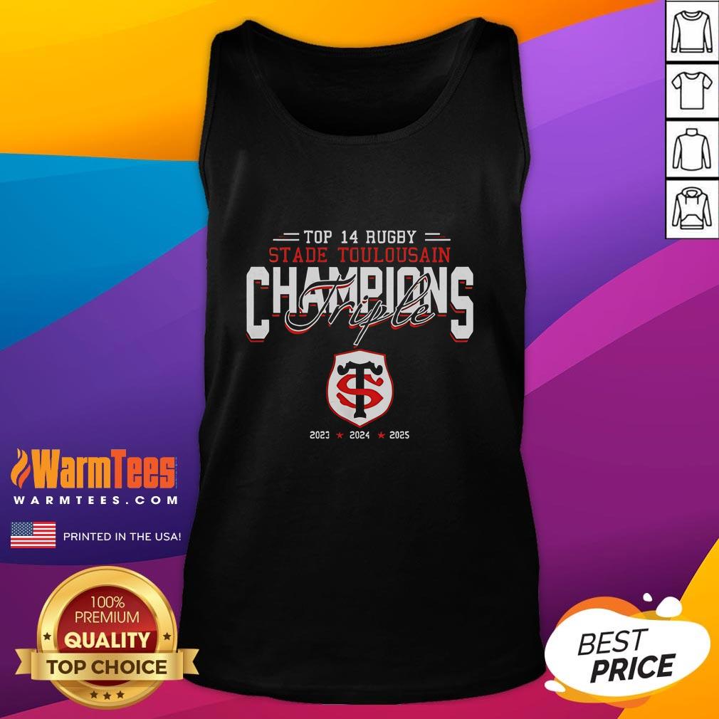 Top 14 Rugby Stade Toulousain Triple Champions Tank Top Alt Text: Top 14 Rugby Stade Toulousain Triple Champions tank top showcasing team pride and stylish sportswear design.