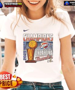 Top 2025 NBA Champions Oklahoma City Thunder Cup Ladies Tee featuring team colors and logo, perfect for fans.