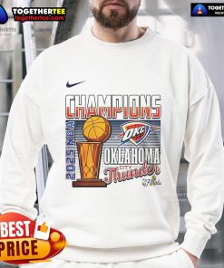 Top 2025 NBA Champions Oklahoma City Thunder cup sweatshirt featuring team logo and vibrant design for fans.