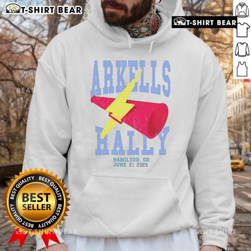 Alt Text: Top Arkells The Rally 2025 event hoodie featuring vibrant design and logo, perfect for fans and concert-goers.