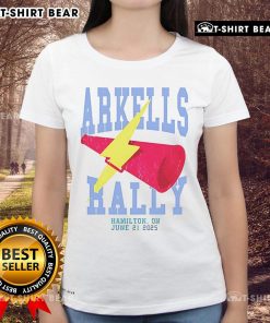 Alt Text: Top Arkells The Rally 2025 event ladies tee featuring vibrant design and comfortable fit for music fans.