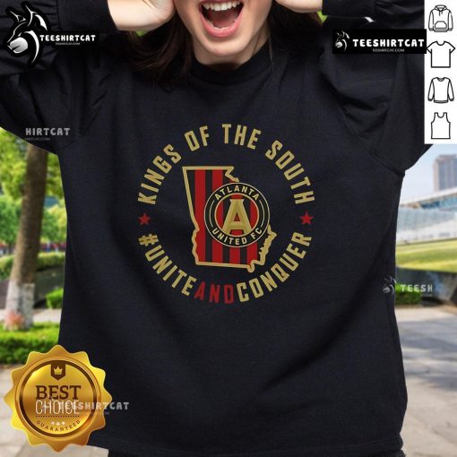Top Atlanta United FC Unite and Conquer sweatshirt showcased on a model, perfect for fans and cozy game-day wear.