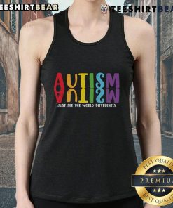 Top Autism Just See the World Differently tank top with a vibrant rainbow reflection design, promoting acceptance and awareness.
