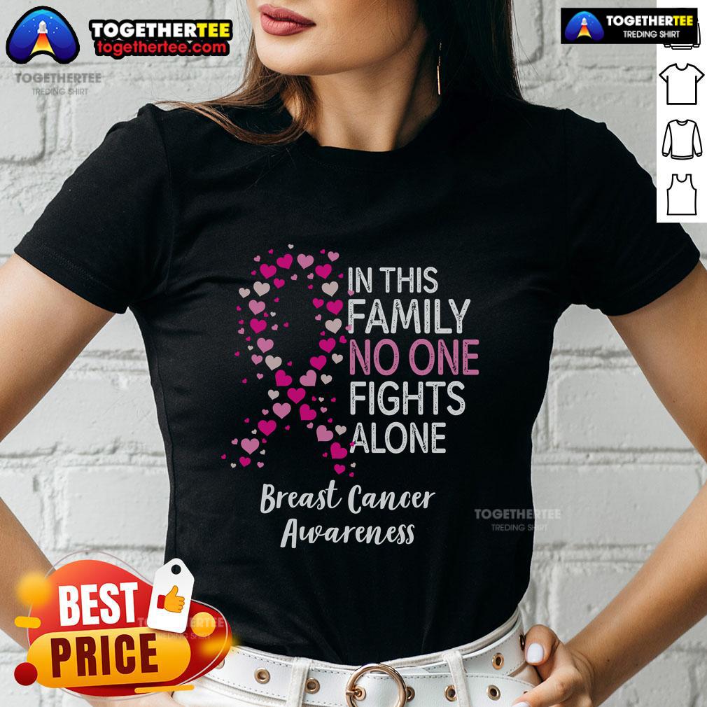 Top Breast Cancer Awareness Heart Ribbon In This Family No One Fights Alone Ladies-Tee