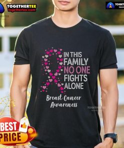 Top Breast Cancer Awareness heart ribbon t-shirt design: 'In This Family No One Fights Alone' promoting support and unity.