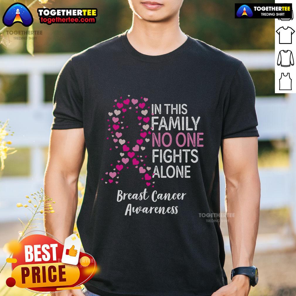 Top Breast Cancer Awareness Heart Ribbon In This Family No One Fights Alone T-Shirt Top Breast Cancer Awareness heart ribbon t-shirt design: 'In This Family No One Fights Alone' promoting support and unity.