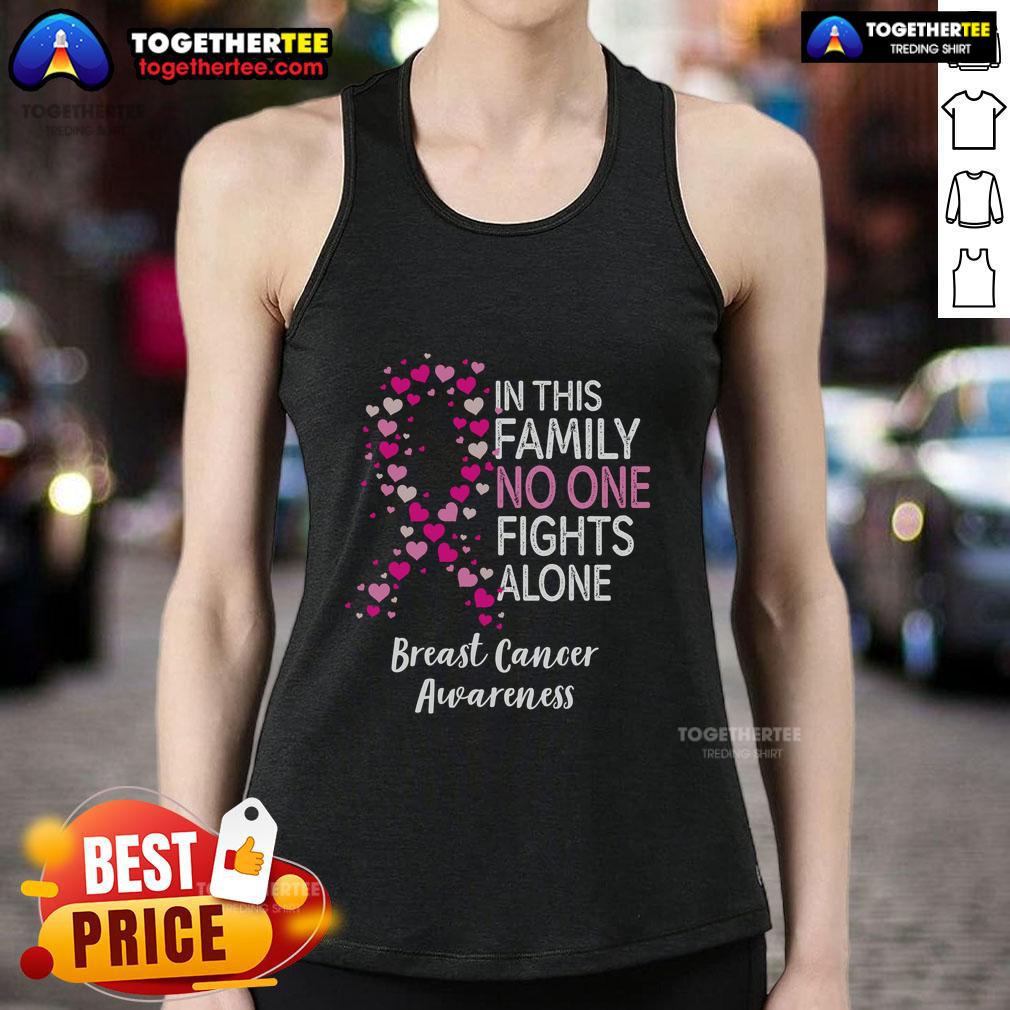 Top Breast Cancer Awareness Heart Ribbon In This Family No One Fights Alone Tank Top Heart ribbon tank top for breast cancer awareness, featuring the message 'In This Family No One Fights Alone.'