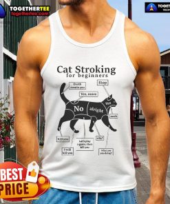 Beginner cat stroking techniques illustrated on a stylish tank top for pet lovers.