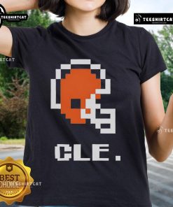 Alt Text: Stylish Cleveland Browns football helmet pixel design on a ladies' tee, perfect for fans and casual wear.
