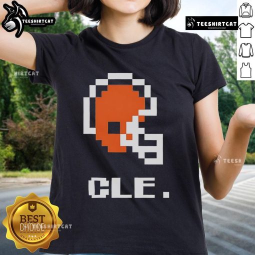 Alt Text: Stylish Cleveland Browns football helmet pixel design on a ladies' tee, perfect for fans and casual wear.
