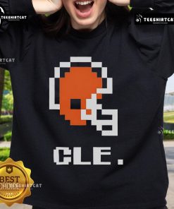 Alt Text: Cleveland Browns football helmet pixel sweatshirt featuring bold team colors and design for fans and players.