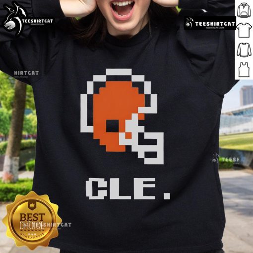 Alt Text: Cleveland Browns football helmet pixel sweatshirt featuring bold team colors and design for fans and players.