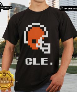 Alt Text: Top Cleveland Browns football helmet pixel T-shirt design featuring a vibrant graphic and team colors.