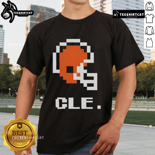 Alt Text: Top Cleveland Browns football helmet pixel T-shirt design featuring a vibrant graphic and team colors.