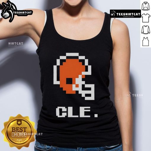 Alt Text: Top Cleveland Browns football helmet pixel tank top design featuring team's colors and logo for stylish fan apparel.