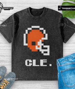 Alt Text: Top Cleveland Browns football helmet pixel washed t-shirt featuring vibrant team colors and a stylish design.
